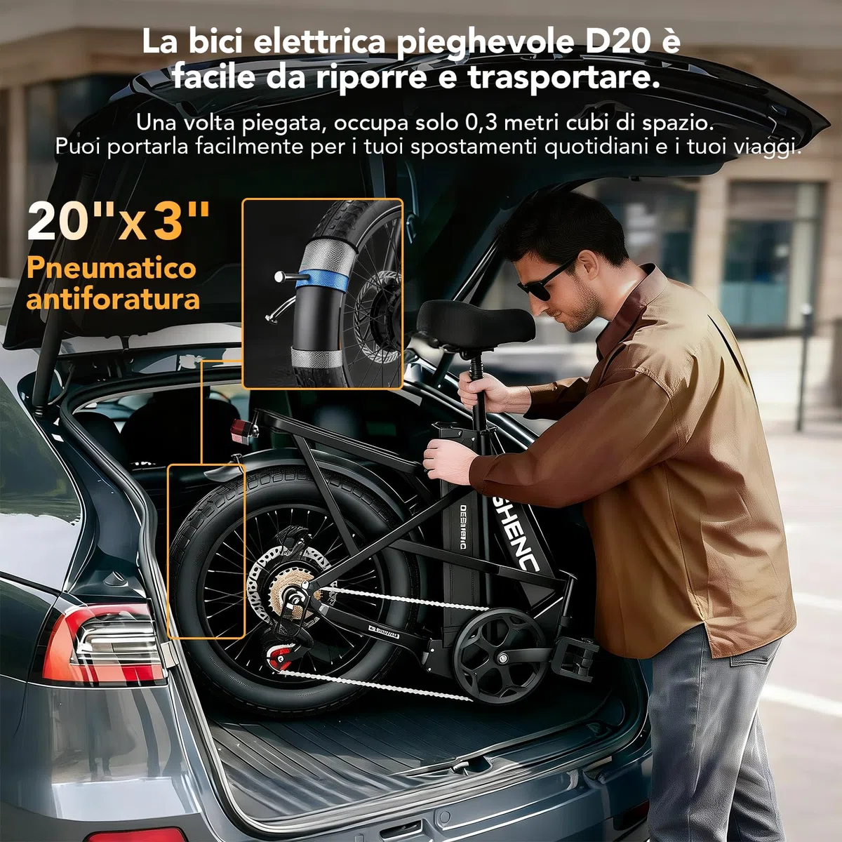 D20PRO Folding electric bicycle features dual motors with single/dual 36V 20A/42.4AhH removable batteries, 20" x 3.0" wide tires, and hydraulic brakes.