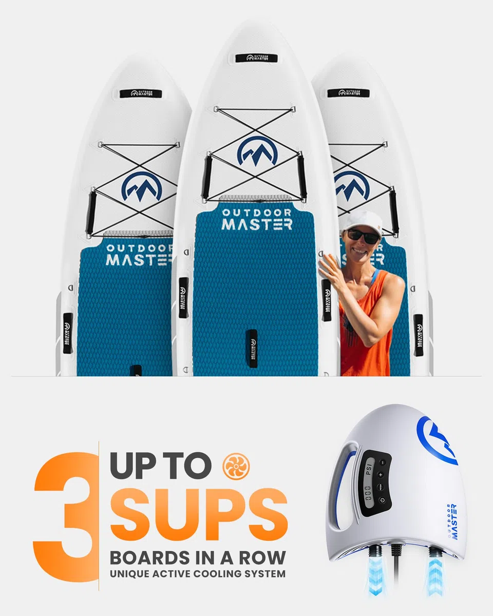 OutdoorMaster The Shark Pompa ad aria elettrica SUP ad alta pressione con 20 PSI 12 V DC Sistema di raffreddamento attivo intelligente a due stadi per gonfiare paddle board barche