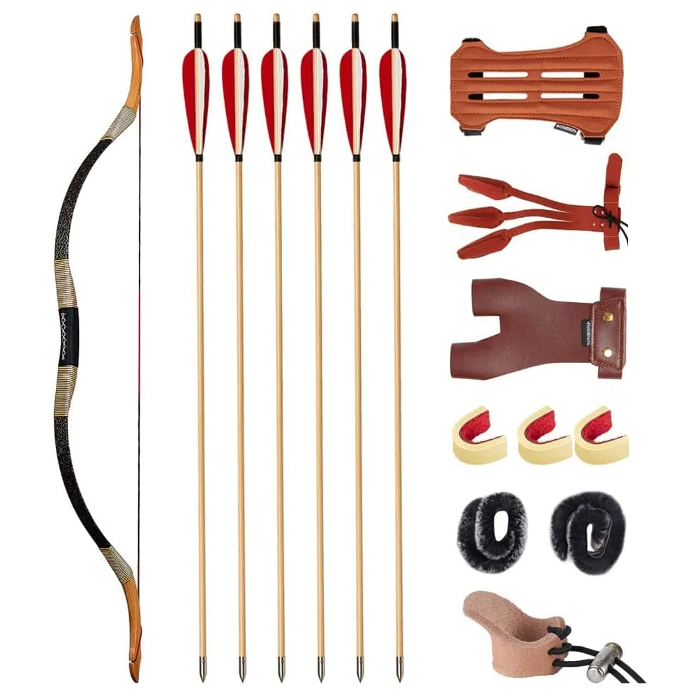 Huntingdoor Longbow Set Arco e Freccia per Adulti 30-50lbs Arco Tradizionale Arco Ricurvo Arco da Cavallo con Frecce in Legno Accessori per Tiro con L'Arco per Pratica del Bersaglio (50lbs)