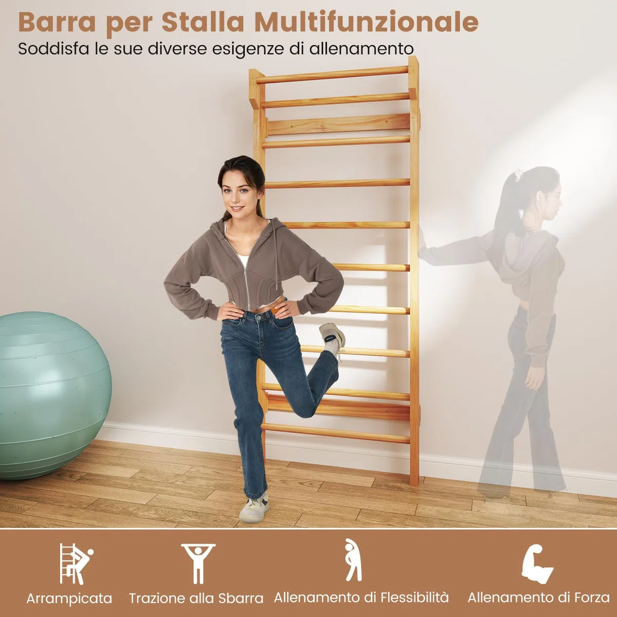 RELAX4LIFE Spalliera Svedese in Legno, Scala Svedese da Allenamento con Barra per Trazioni, Spalliera Palestra per Bambini e Adulti, Carico Massimo 100 kg