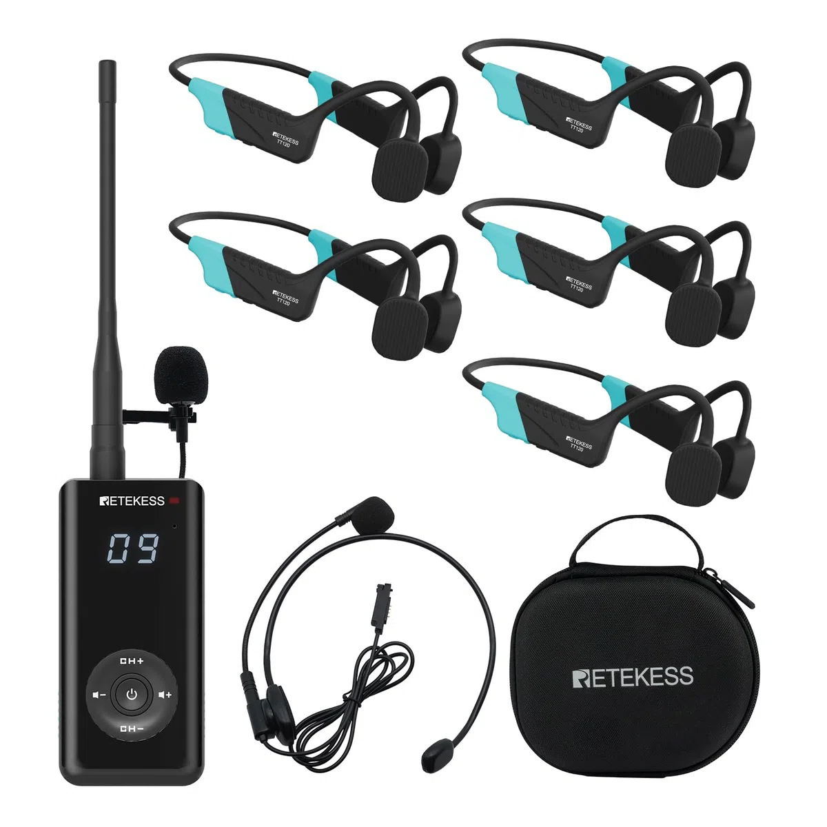 Retekess TT120 Comunicatore per Allenatori di Nuoto,Cuffie da Nuoto Impermeabili IP68,Conduzione Ossea,Unità Comunicazione Subacquea Wireless per Allenatori,Club di Nuoto(1 Trasmettitore 5 Ricevitori)
