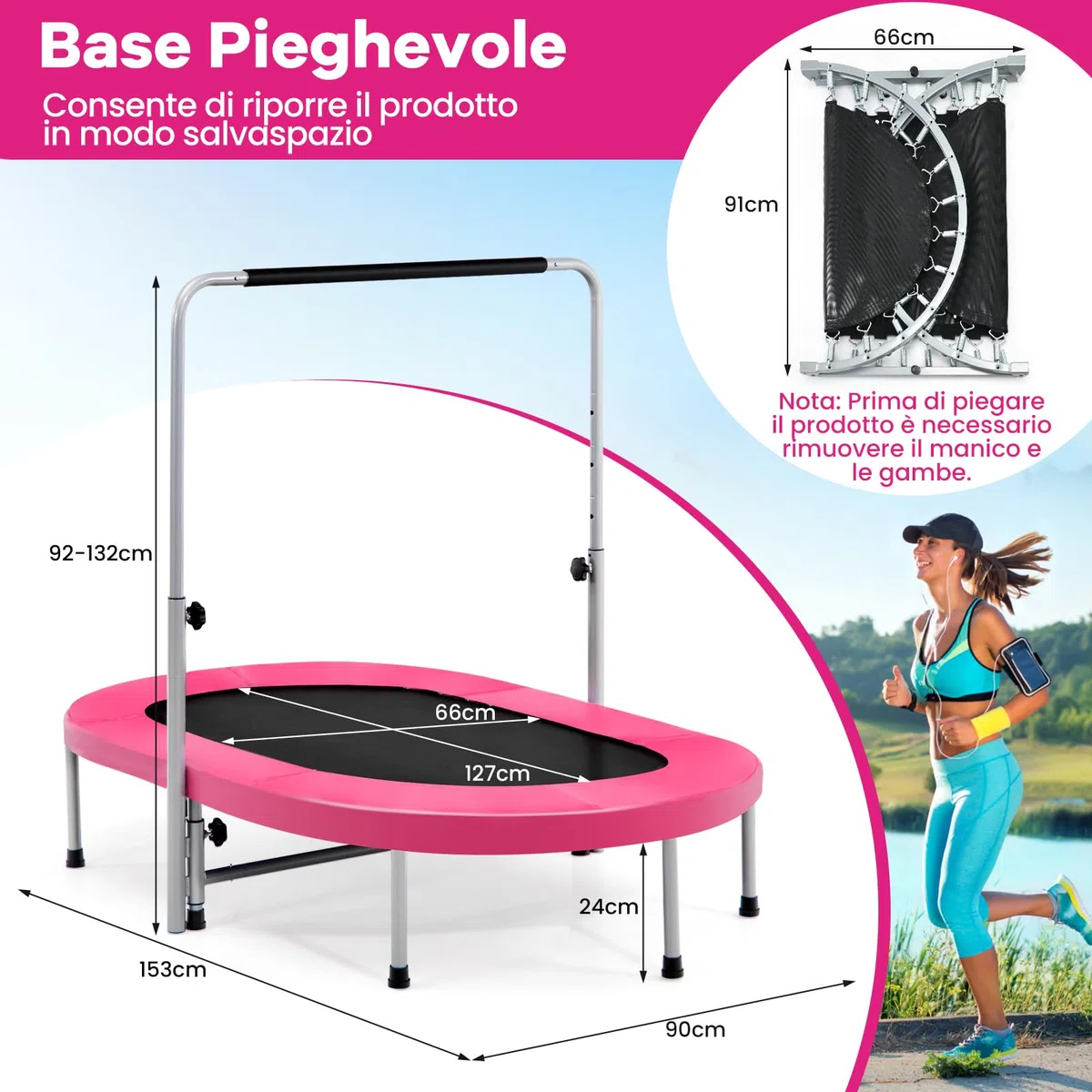 COSTWAY Trampolino Elastico da Interno ed Esterno, Tappetino Elastico Pieghevole per Adulti e Bambini con Maniglia Regolabile, Molle e Cuscinetto di Sicurezza, Trampolino Ovale per 2 Persone