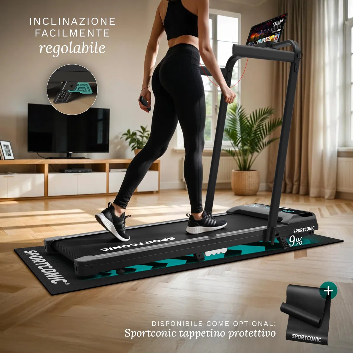Sportconic Tapis Roulant Elettrico Pieghevole con Inclinazione, Walking Pad Silenzioso Salvaspazio, Tapirulan da Casa per Allenamento Ufficio