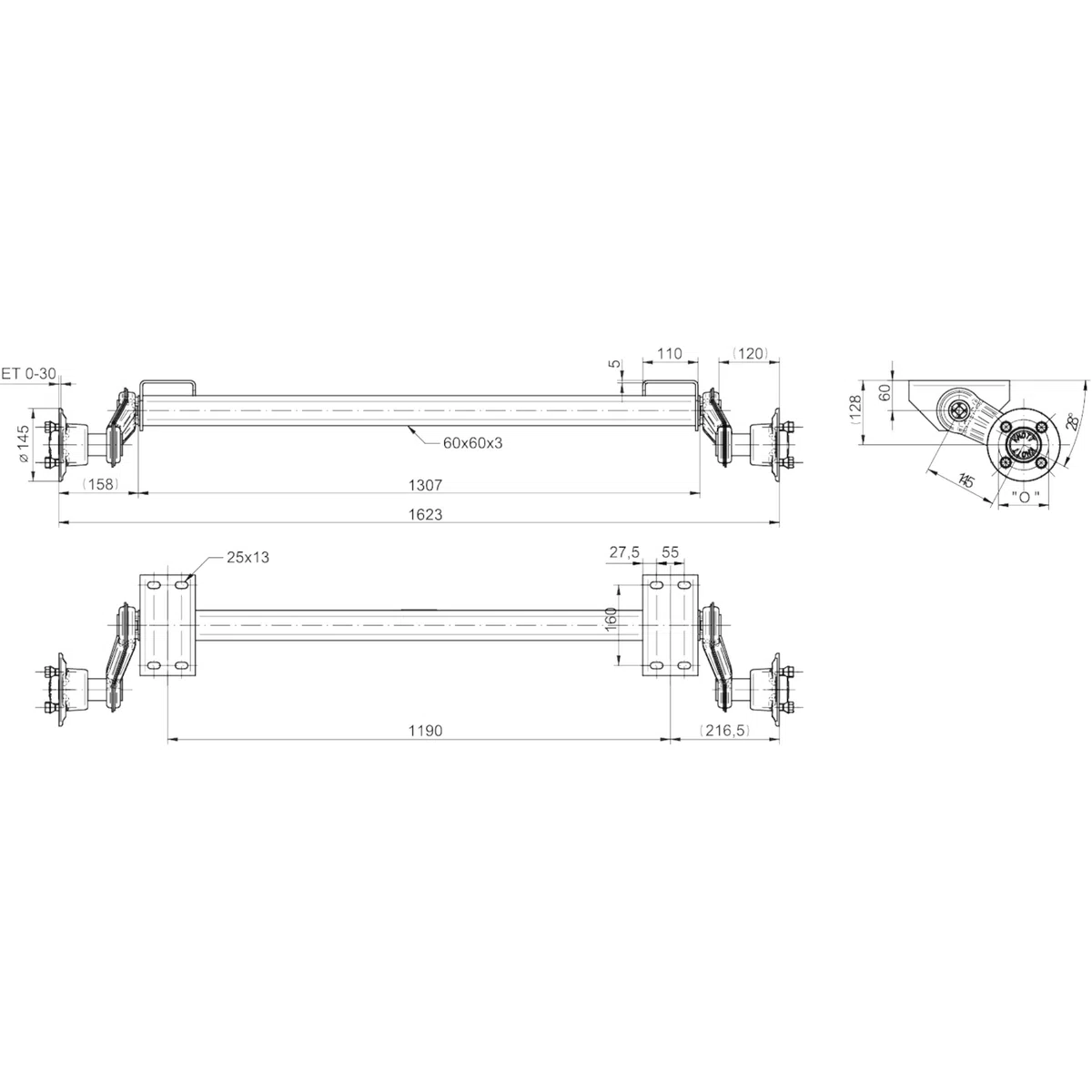 KNOTT - Asse non frenato VG7-L 750 kg, 1190 mm, 4 x 100 cuscinetti impermeabili per rimorchio barca