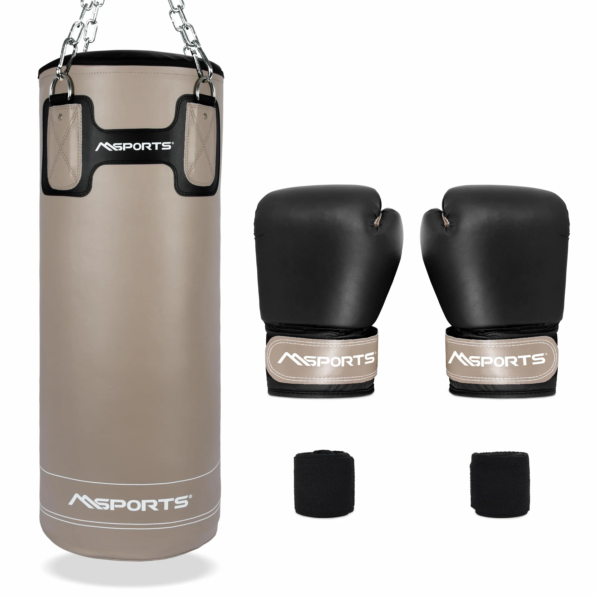 MSPORTS Punch Bag Set Premium 80 × 30 cm – Sacco da boxe 25 kg + guantoni da boxe e bende – allenamento boxe, kickboxing & fitness a casa o in studio
