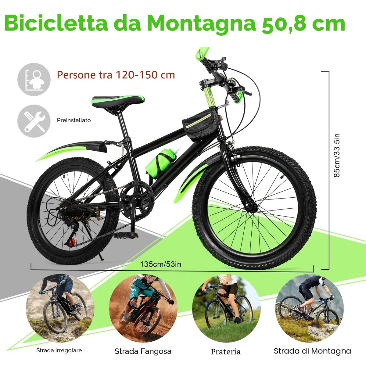 Mountain Bike per bambini per ragazzi e ragazze, mountain bike a 7 marce con parafango, bici da 20 pollici per 6 7 8 9 10 11 12 anni adolescenti