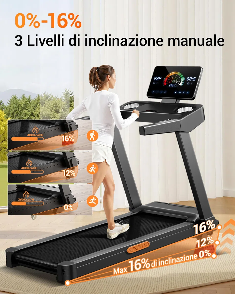 UMAY Tapis Roulant Salvaspazio con 16% Pendenza, 14KM/H Tapis Roulant Elettrico Pieghevole con Cardiofrequenzimetro, Tapirulan da Casa 3.5HP con Display LED, Carico massimo di 180 kg