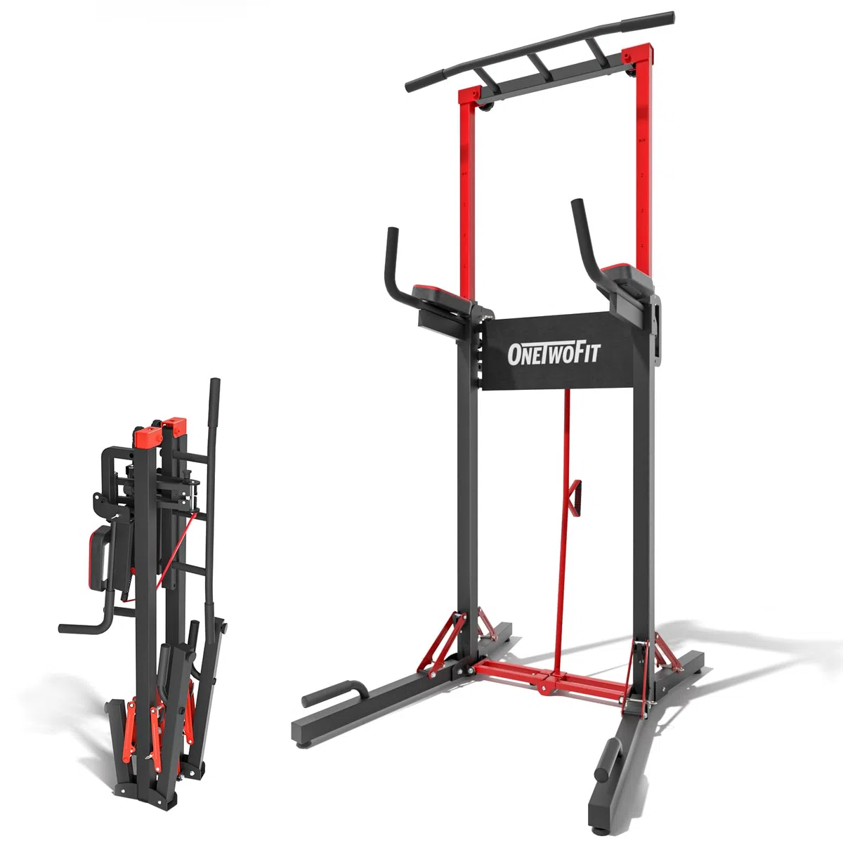ONETWOFIT Power Tower pieghevole Dip Station Barra per trazioni, Regolabile in altezza Multifunzione stazione di potenza per la Palestra di casa Allenamento Ginnastica espandibile (BLACK-2)