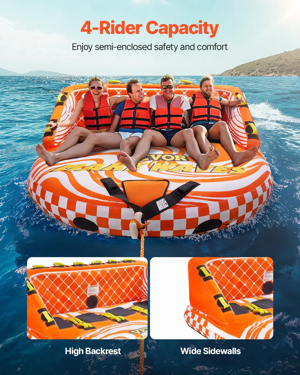 VEVOR Tubo Trainabile per Barche Capienza ca. 1-4 Persone Tappetino Gonfiabile per Barche attività Acquatiche Carico Max. 308kg, Tubo Trainabile per Sport Acquatici Gommone Gonfiabile Feste Nautica