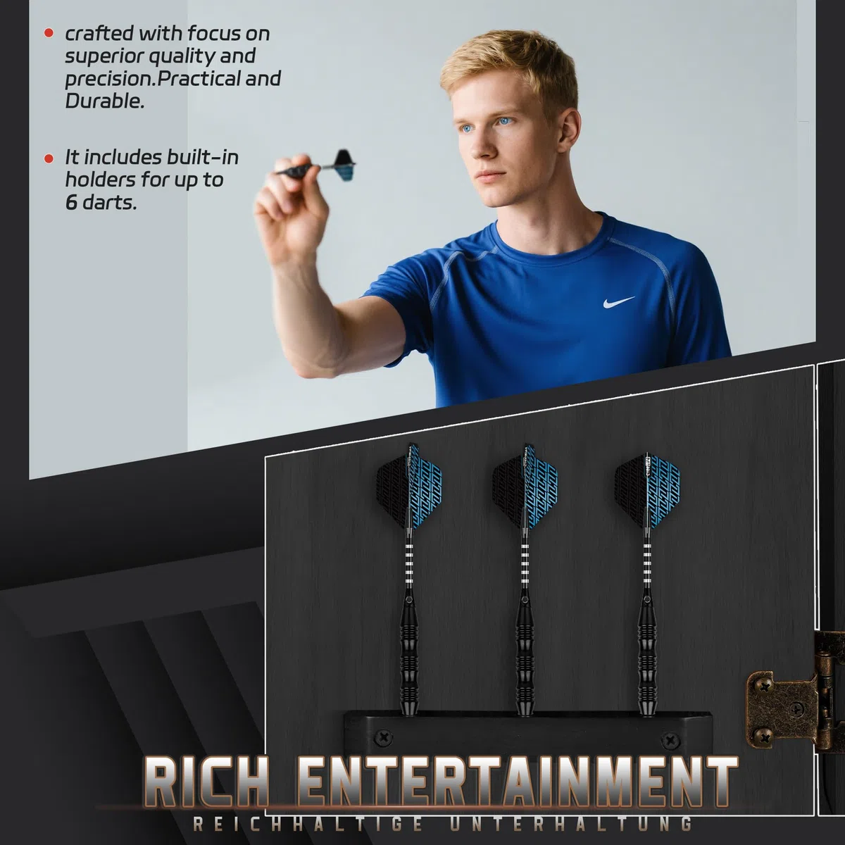 CyeeLife Bersaglio per Freccette Elettronico con Cabinet in Legno, Dartboard Elettronico, Bersaglio con 34 Giochi e 355 Varianti, Modalità per 8 Giocatori, Display LED