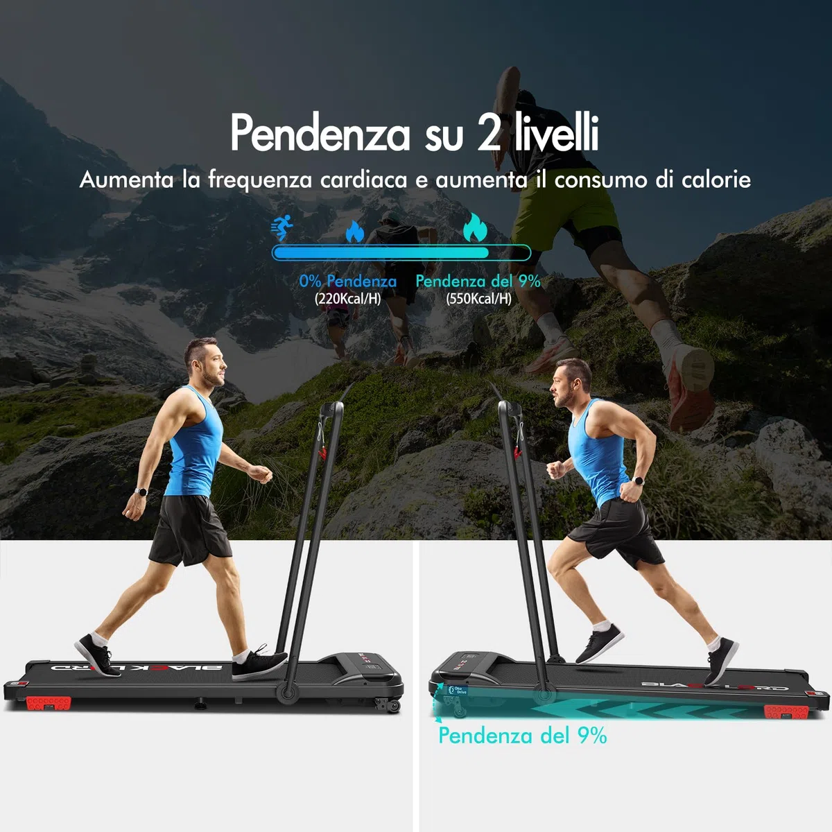 BLACK LORD Tapis roulant, Walking pad 9/12/16 km/h, Tappetino da corsa con/senza inclinazione del 9%, Sotto la scrivania, Portatile, Silenzioso, Display LED, App, Capacità di carico 120/130/140 kg