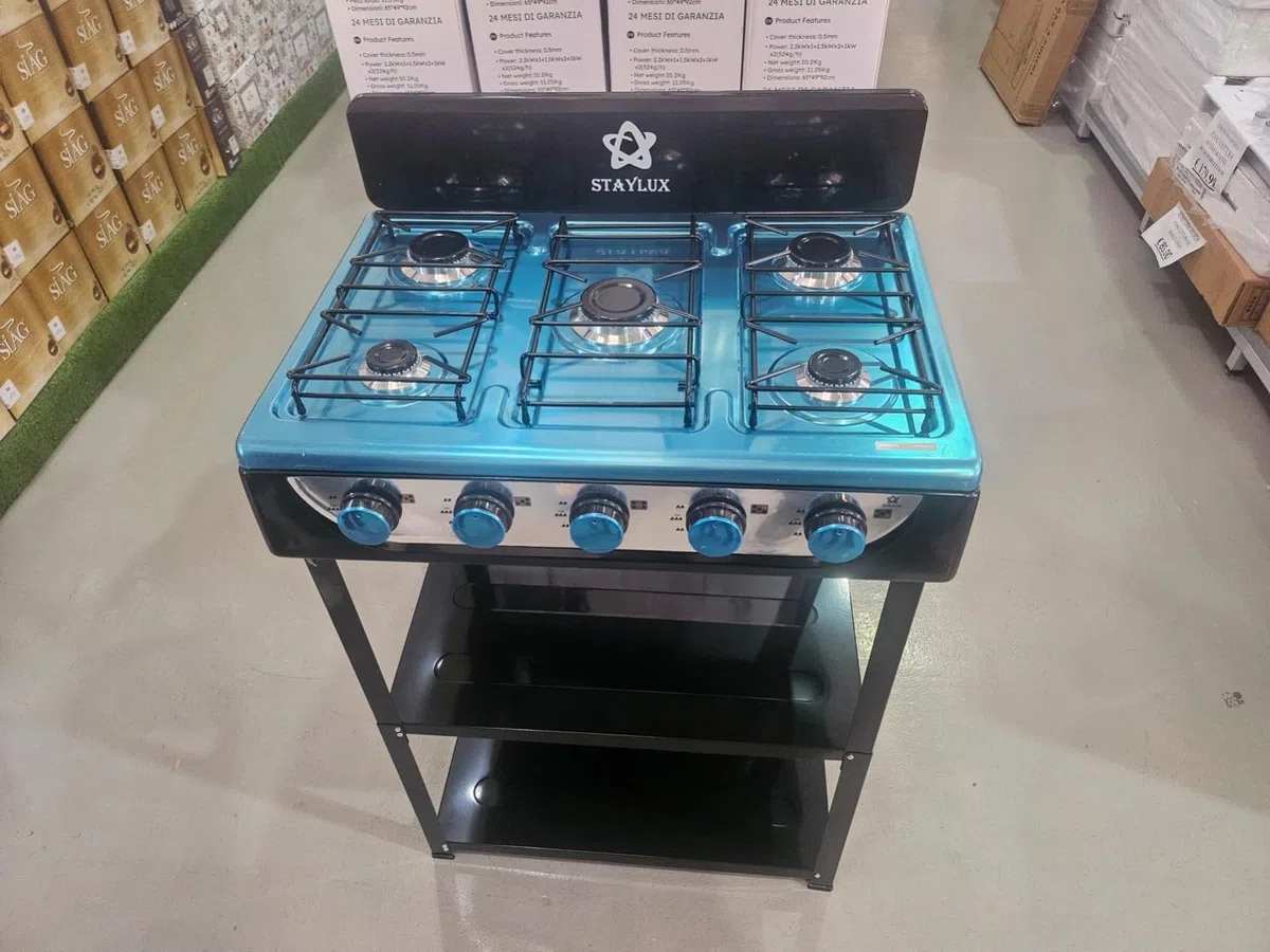 Piano cottura a Gas GPL 5 Fuochi da Esterno Cucinotto Portatile in Acciaio con 5 Bruciatori Potenti Piano Cottura con Paravento e Piedini per Attività all'Aperto Campeggio