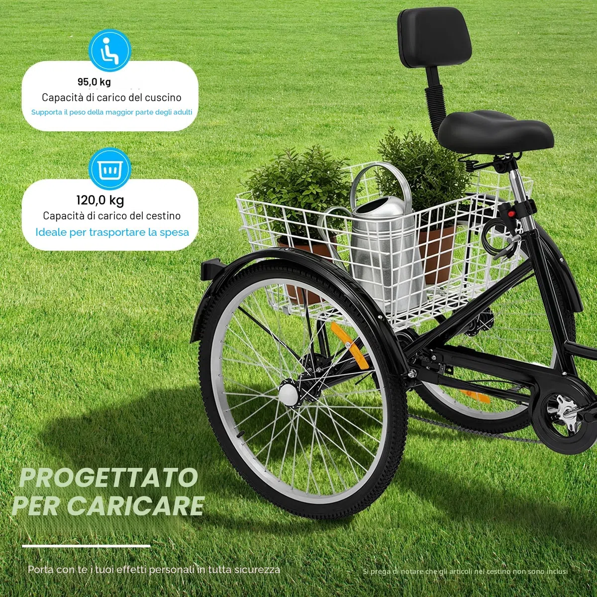 triciclo per adulti 24 pollici, cruiser bicicletta con lampada da moto, cestino e riflettori, velocità regolabile, 120 kg, bianco
