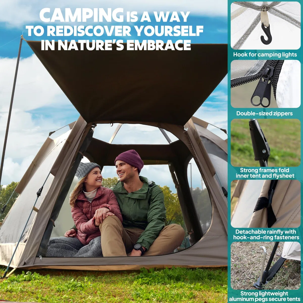 Chihee Tende da campeggio Pop Up Tenda esagonale Installazione facile Instant famiglia cabina con parapioggia Impermeabilizzazione Protezione UV A prova di vento Rifugio all'aperto