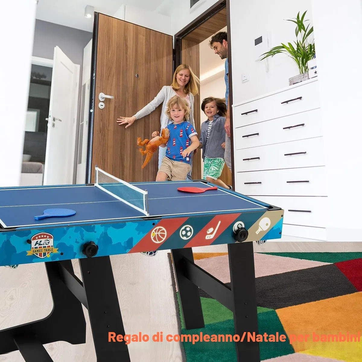 Set da tavolo multi-gioco 5 in 1 per bambini, ping-pong, biliardo, biliardino, hockey su scivolo, tiro al basket interattivo genitore-figlio regalo perfetto per i bambini (lunghezza 1,2 m)