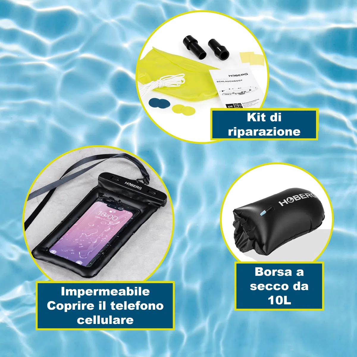 Hoberg Gommoni per imbarcazioni 2 posti / 4 posti | Adatto per 2 o 4 persone | Con 2 panche, 2 pagaie, pompa, kit di riparazione, 2 supporti per la pesca, sacca asciutta e altri accessori [blu/giallo]