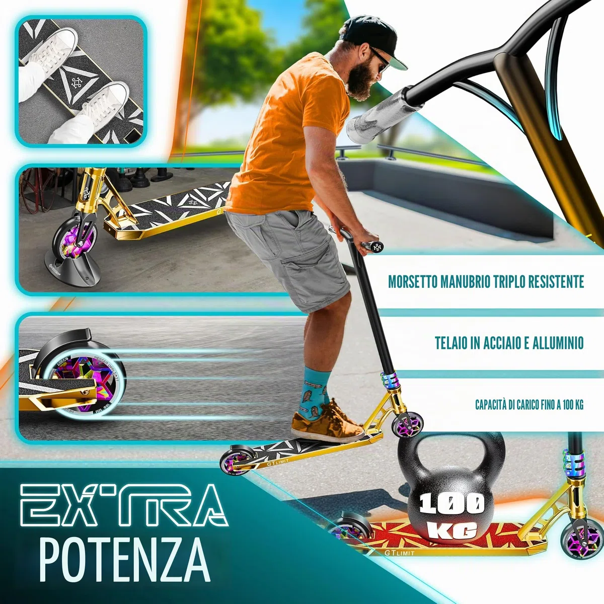 KESSER® monopattino acrobatico GT-Limit 360° sterzo divertente acrobatico con supporto ABEC 9 cuscinetti a sfera, ruote in PU da 110 mm, Scooter