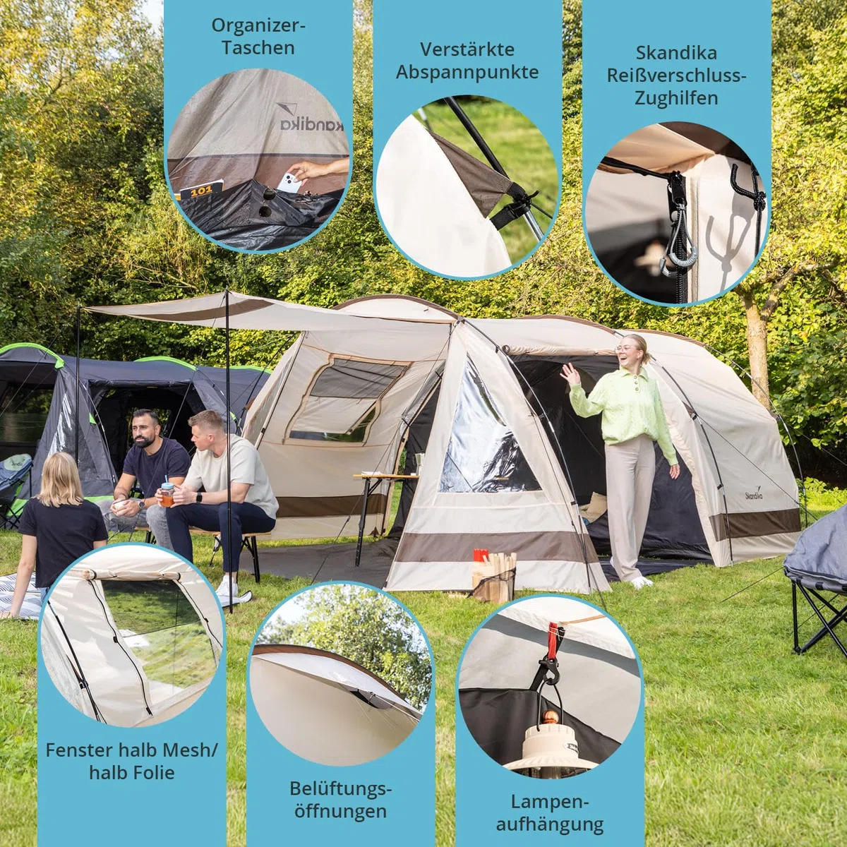 Skandika Kambo - Tenda de campeggio tunnel - Cabina letto per 6/8/12 persone - Impermeabile con 3000 colonne d'acqua - 2 m di altezza - 3 ingressi - tenda da sole
