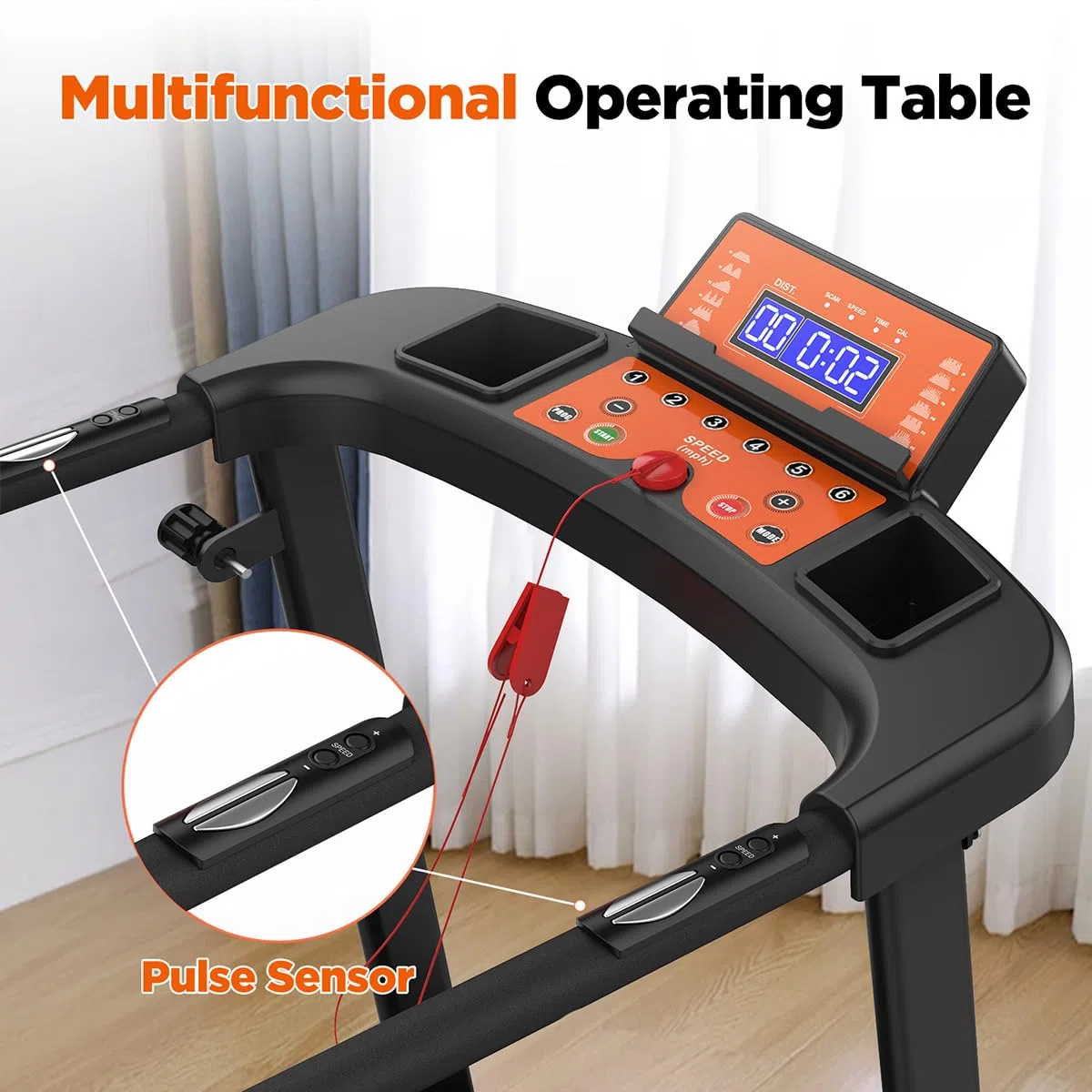 Tapis roulant Clover S200 con lunghi corrimano di sicurezza, velocità regolabile e schermo LCD di facile lettura. Speciale per anziani e riabilitazione. Superficie antiscivolo.
