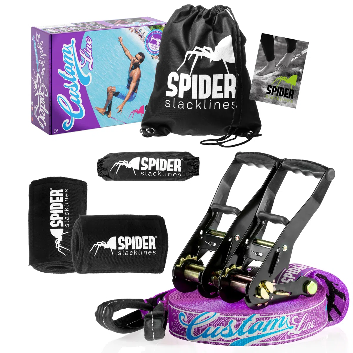 TKSA3 - Kit Slackline adulti - Materiale resistente per chi pratica slacklining - Set fettuccia 25m per esperti e neofiti con 2 cricchetti