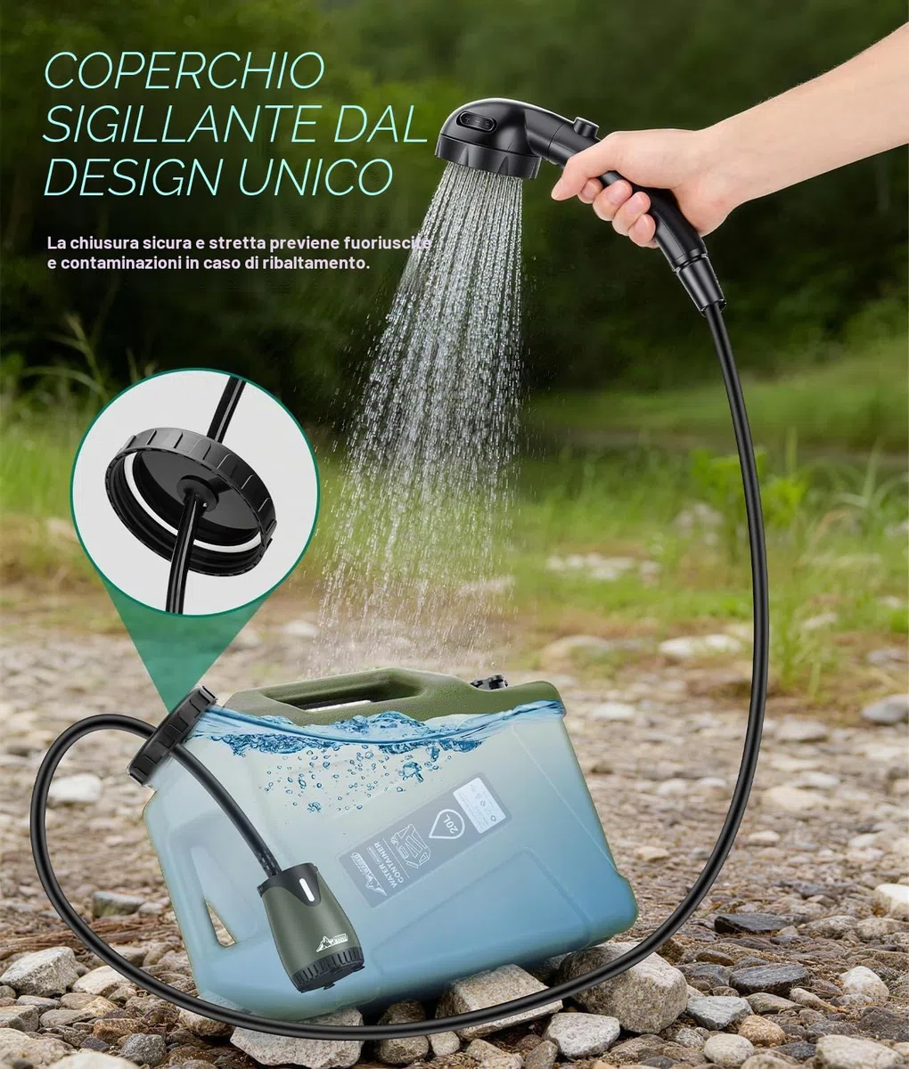 WADEO Doccia Portatile da Campeggio Aggiornata, [Pompa con Maniglia] [Serbatoio Acqua Stabile da 20L], Kit Doccia da Esterno Ricaricabile per Escursionismo, Festival, Cane, Camper