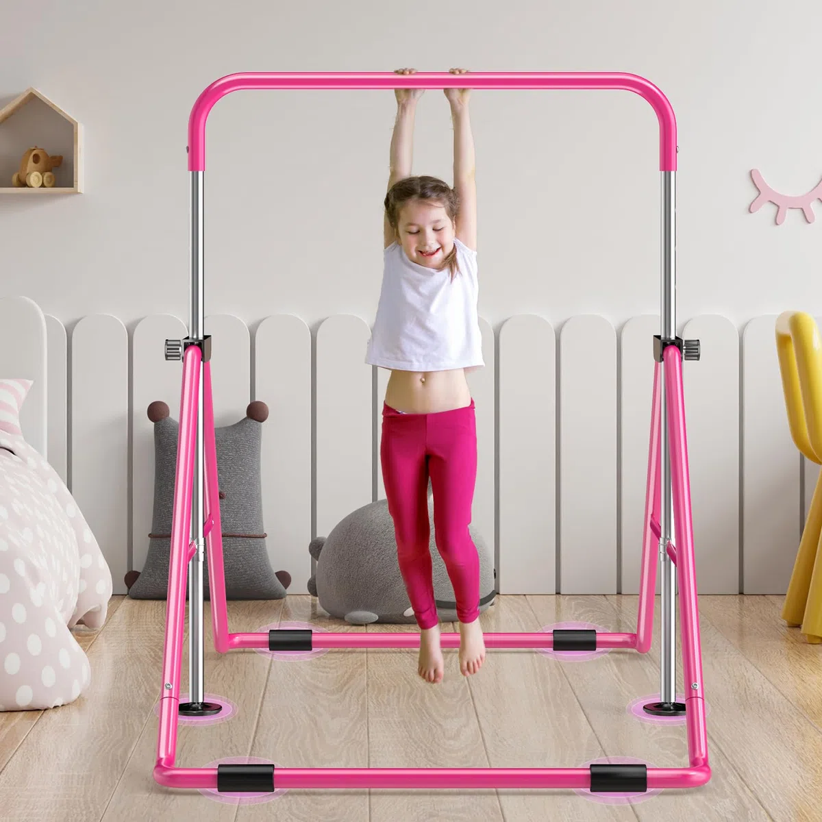 Safly Fun Expandable, asta da ginnastica per bambini, asta da ginnastica, asta orizzontale pieghevole, rosa con tappetino