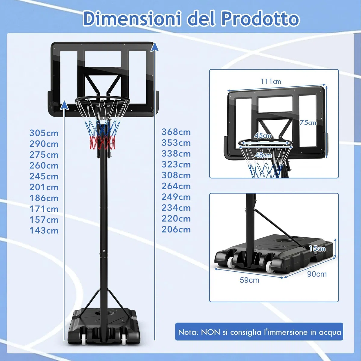GYMAX Canestro da Basket Portatile, Canestro Basket Regolabile in Altezza 143-305 cm con Tabellone in PET, Cerchio in Metallo Solido da 48 cm e 2 Ruote, per Adulti, Adolescenti
