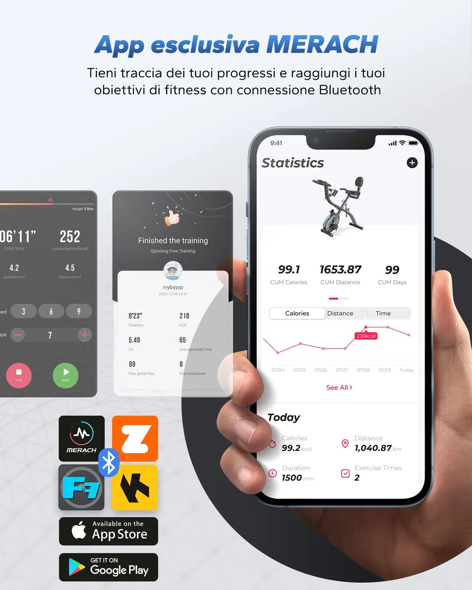 MERACH Cyclette da Casa con App di Allenamento, Silenziosa Cyclette Pieghevole 4-in-1, Resistenza Magnetica a 16 Livelli, Display LCD, Misurazione del Battito, Fascia di resistenza, Sella Confortevole
