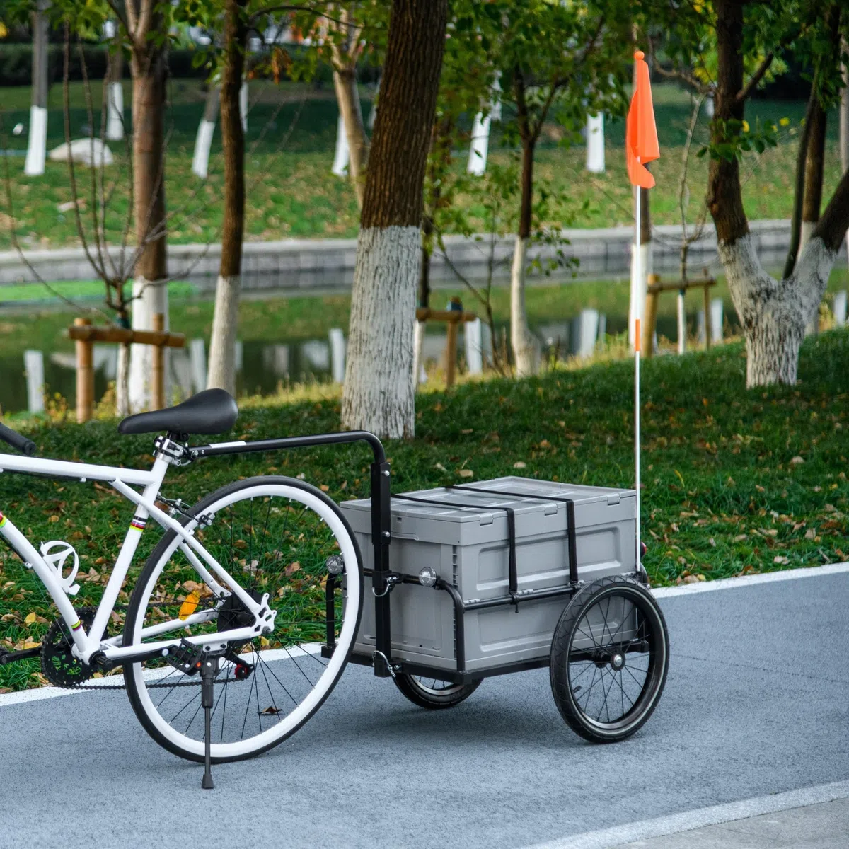 HOMCOM Rimorchio per bicicletta con cassetto portaoggetti estraibile pieghevole da 65 l, pneumatici e riflettori di sicurezza, carico massimo 40 kg, grigio