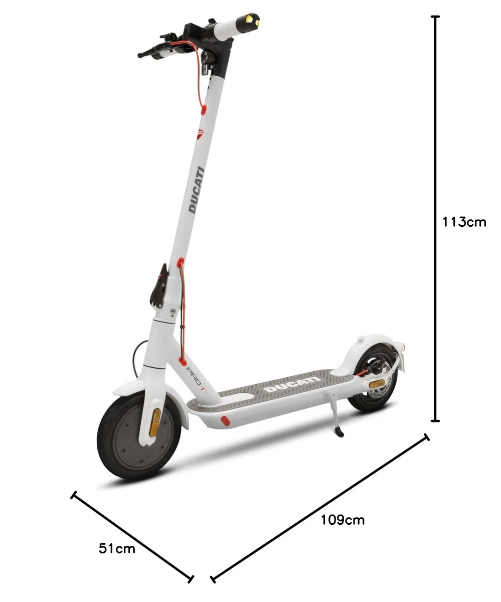 Ducati Pro-I Evo White Safe Ride, Monopattino Elettrico, con Frecce Direzionali Integrate, Motore 350W, Peso 12 kg, Freno Elettrico e a Disco