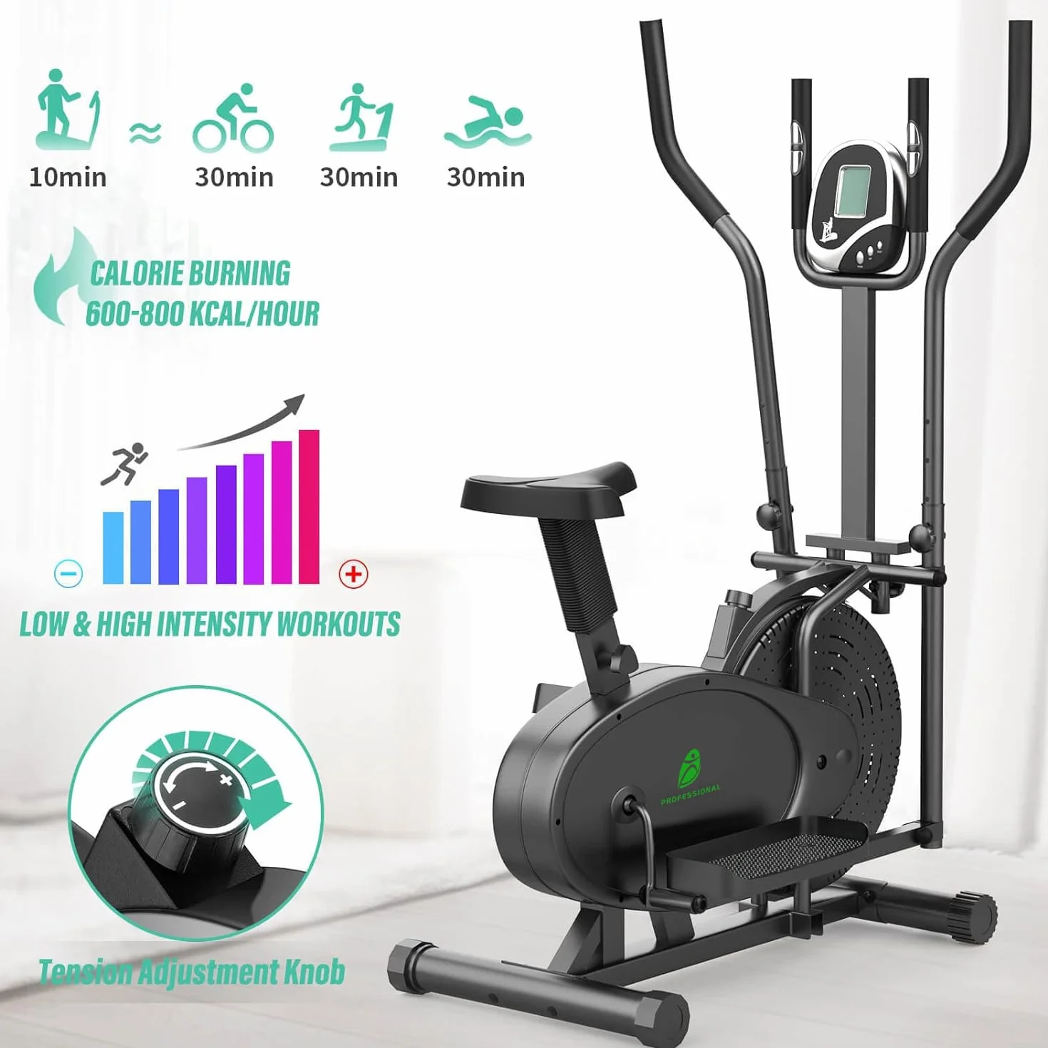 Neezee Ellittiche Per La Casa - 2 IN 1 Cyclette Per Cross Trainer Con Sedile, Monitor LCD Intelligente, Resistenza Regolabile, Allenamento Migliorato Per Tutto Il Corpo, Fino a 120 KG