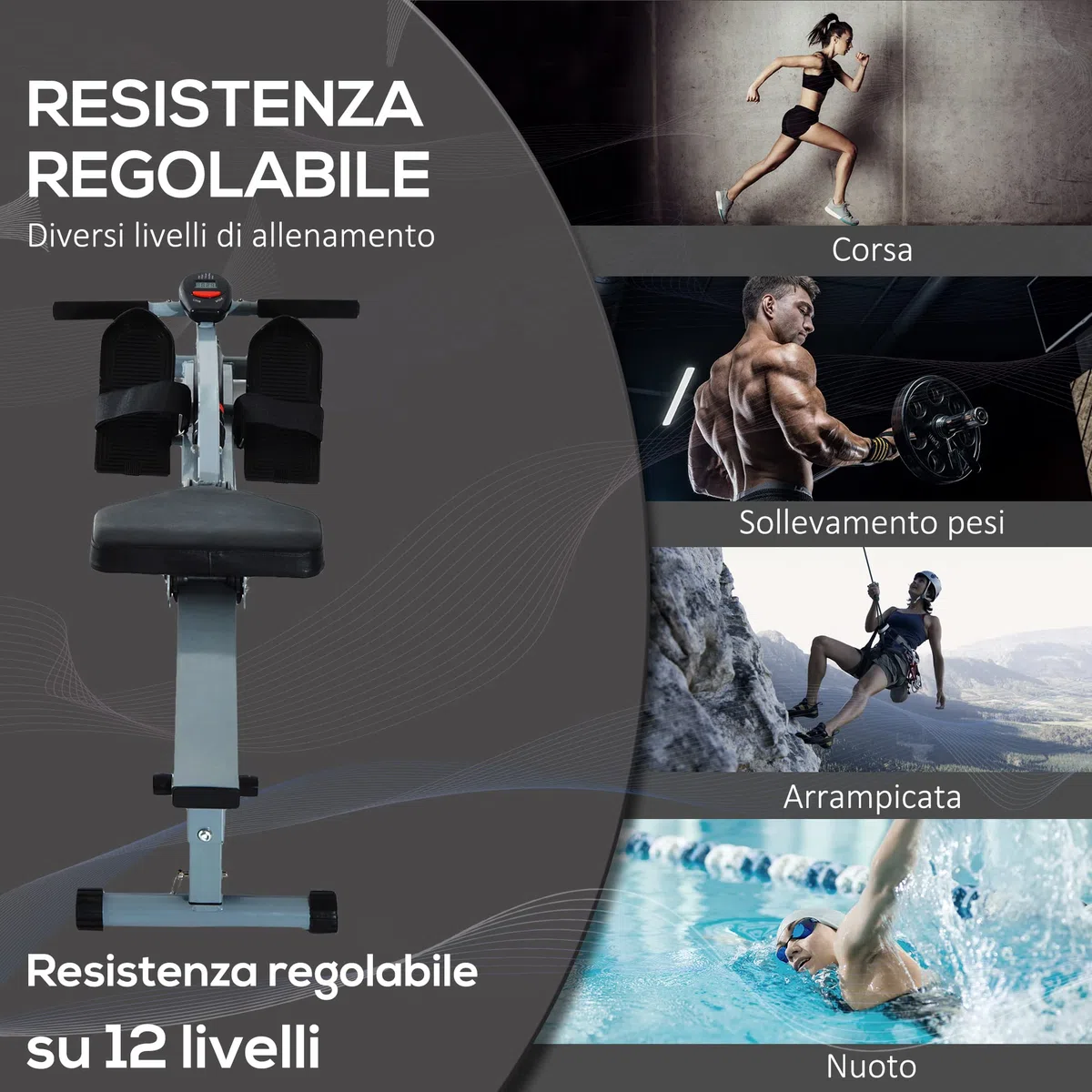 HOMCOM Vogatore Professionale per Fitness Allenamento a Casa con Display 130 x 67.5 x 67cm