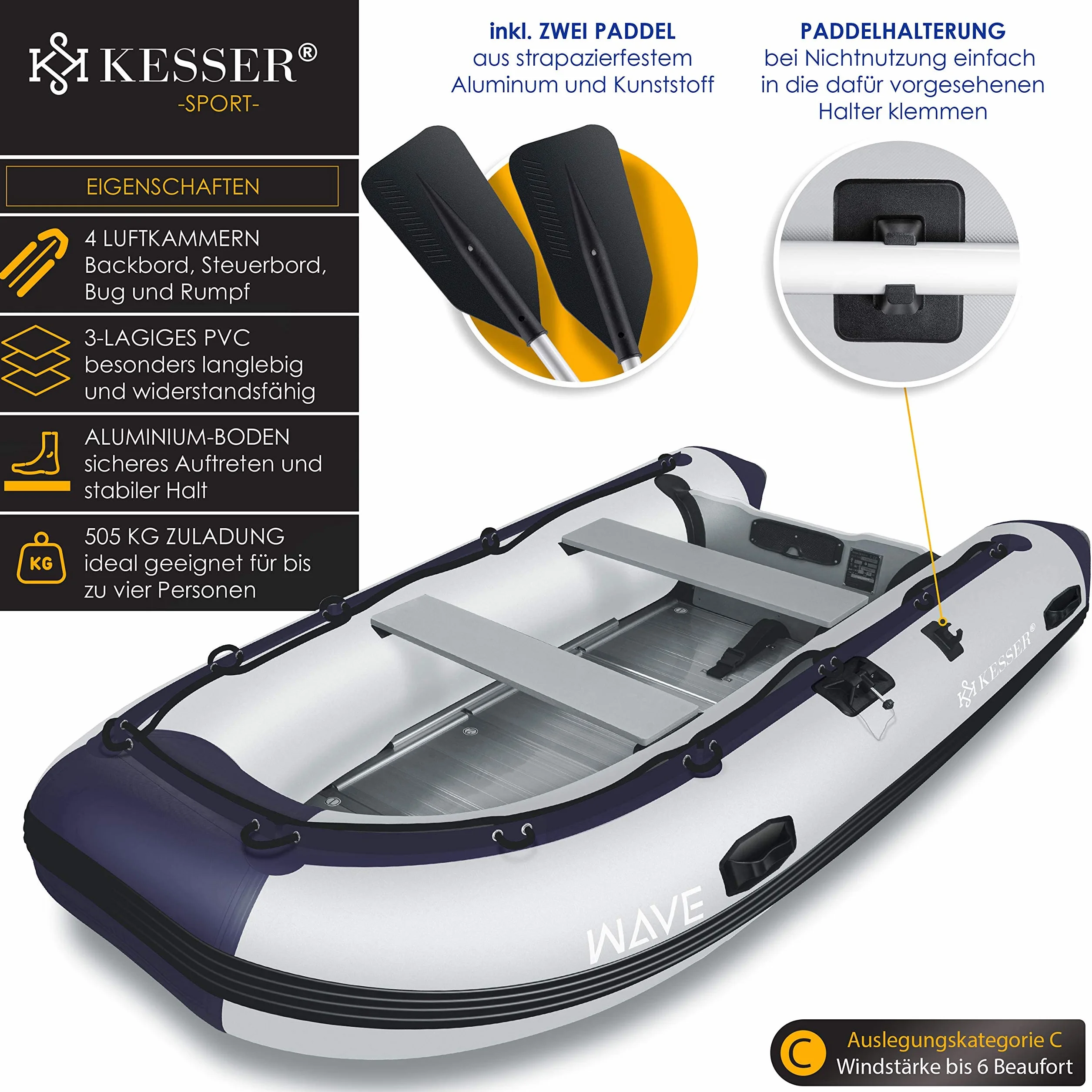 KESSER® Gommone di 3,20 m per 4 Persone - Compatibile con Motore Wave Imbarcazione da diporto Barca a Remi Barca a Motore Barca da Pesca - con 2 panche - Fondo in Alluminio Remi Pompa