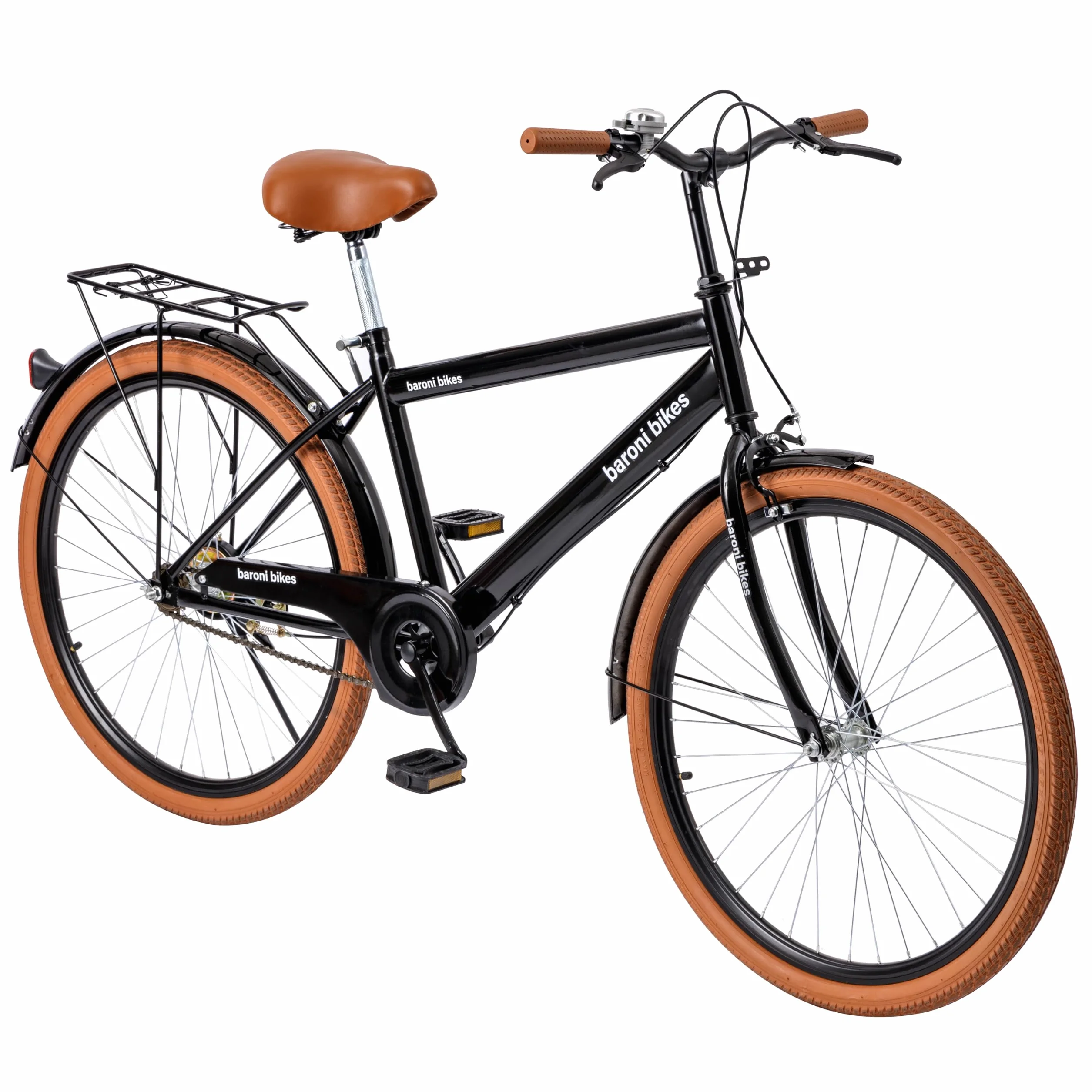 Baroni Home Bicicletta da Passeggio da Uomo e Donna, con Campanello, Manubrio e Sellino Regolabile, Bici con Doppio Freno Anteriore e Posteriore, City Bike, Nero e Marrone, 168x90 cm