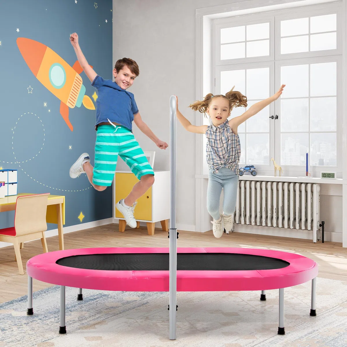 COSTWAY Trampolino Elastico da Interno ed Esterno, Tappetino Elastico Pieghevole per Adulti e Bambini con Maniglia Regolabile, Molle e Cuscinetto di Sicurezza, Trampolino Ovale per 2 Persone