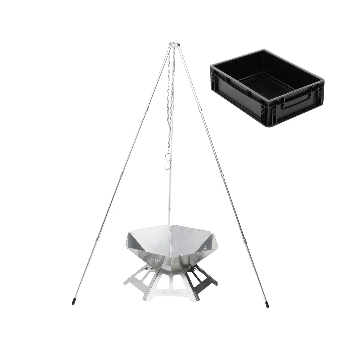 BOXIO - FIRE BUNDLE: braciere in acciaio inox con griglia e tre zampe – braciere ottagono per esterni e campeggio, piccolo braciere con parascintille, set di mini braciere per giardino e falò