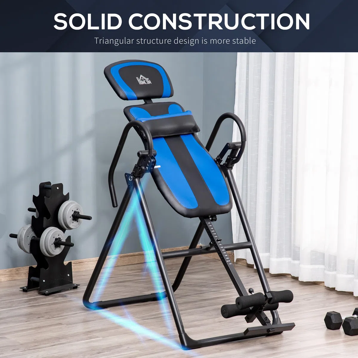 HOMCOM Tavolo ad inversione pieghevole, panca per stretching con trainer a gravità per la terapia della schiena con cuscini per le caviglie fino a 110 kg - acciaio, nero e blu