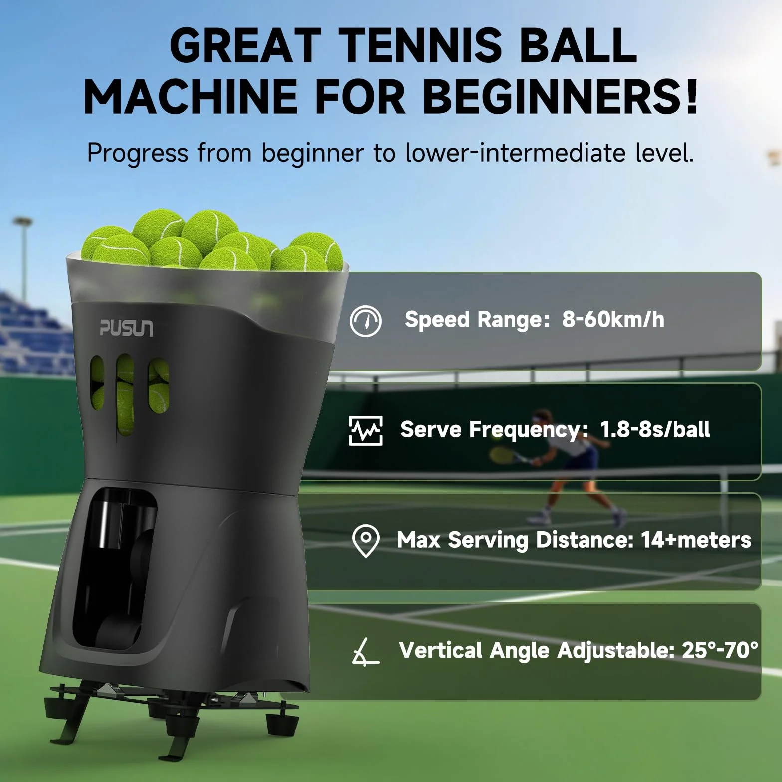 PUSUN - Macchina per lanciare palline da tennis, per bambini/principianti, capacità 65 + palline, doppio controllo tramite app e telecomando, durata della batteria 3-5 ore, attrezzatura portatile per