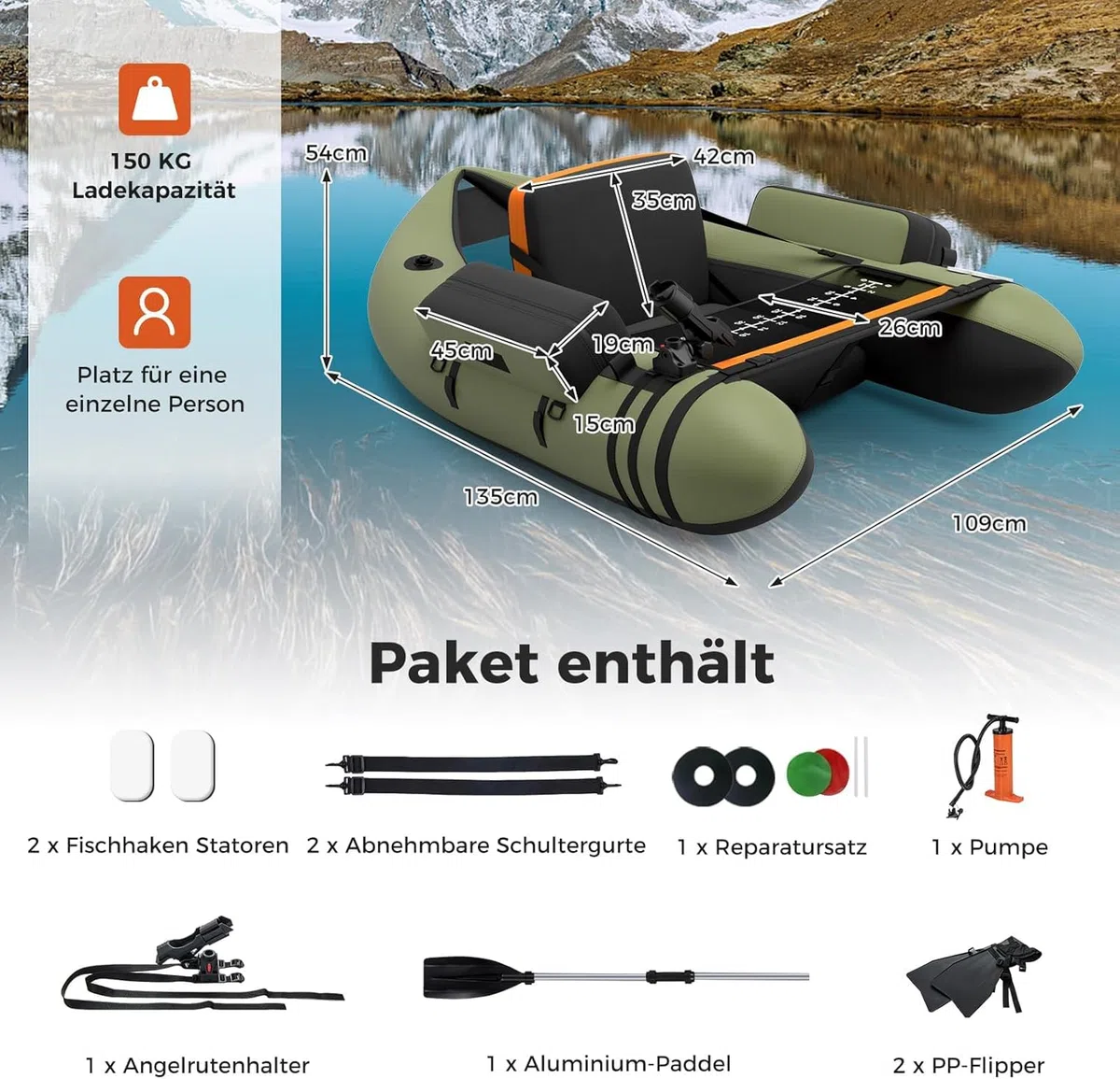 FANTASK Gonfiabile Schlauchboot, barca da pesca con pompa, remi, cinture, Bellyboat per adulti, capacità di carico 150 kg, 135 x 109 x 54 cm (Verde)