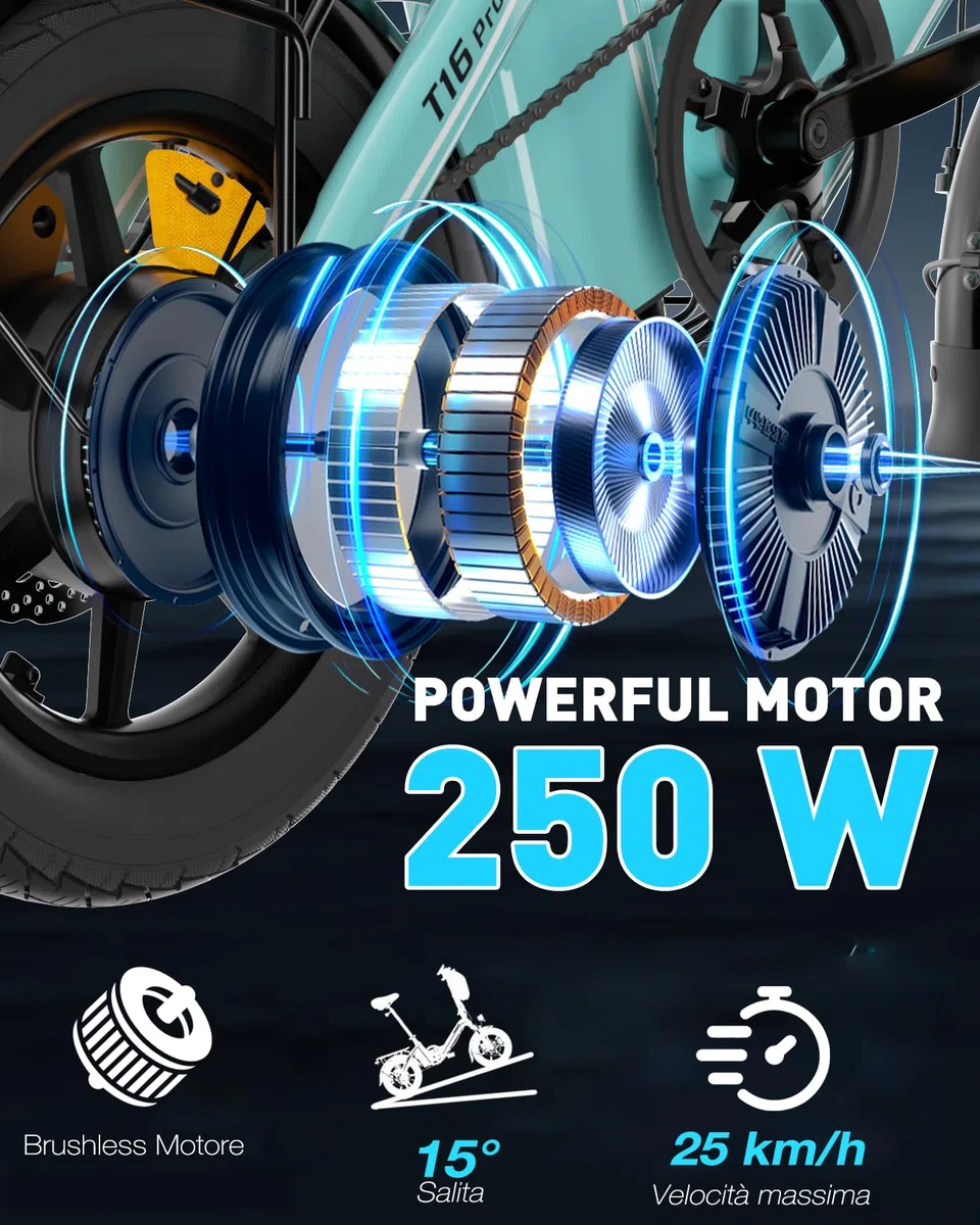 Bodywel T16Pro Bici Elettrica Pieghevole 14" Leggera Adulti/Ragazzi, Batteria 36V 10Ah + Motore 250W, 3 Velocità, Display LED 4.5", Preassemblata 90% per Città