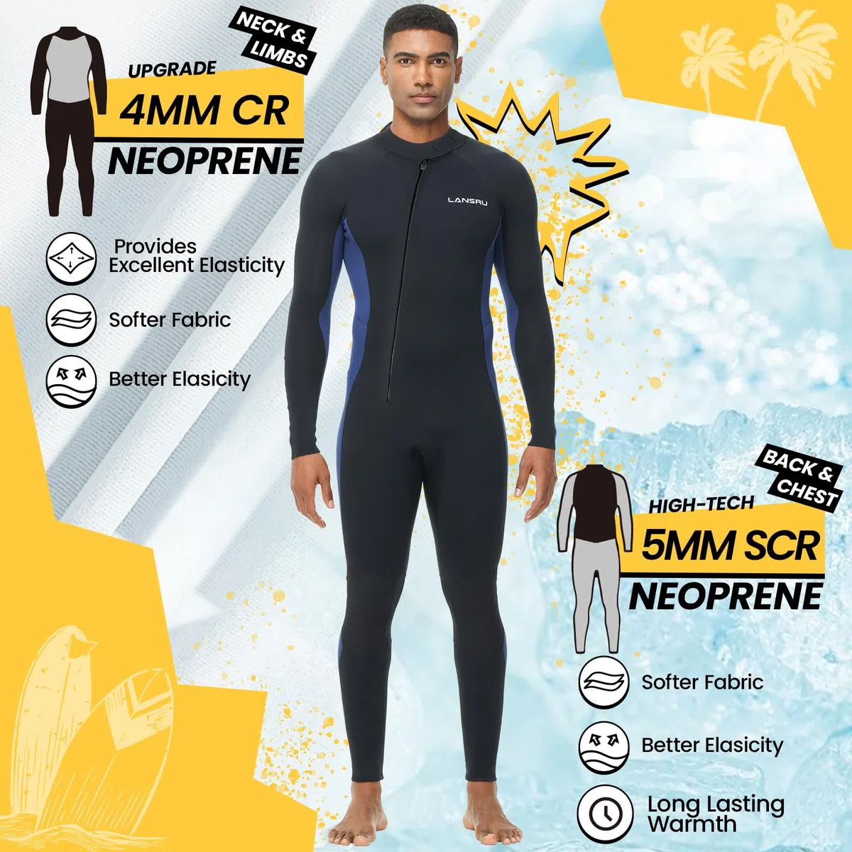 Mute da uomo, in neoprene CR da 5/4 mm, ideale per immersioni termiche in acqua fredda, cerniera frontale per surf, snorkeling, immersioni, nuoto