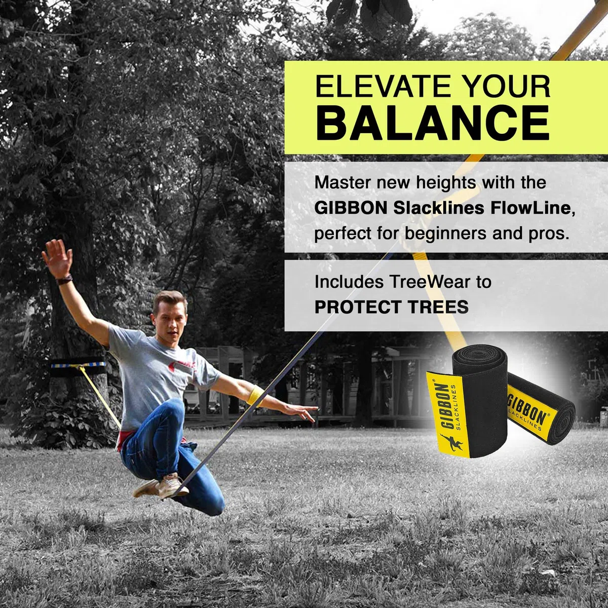 Gibbon Slacklines, Flow Line, con Treewear, blu-giallo, 25metri (22,5m di fettuccia slackline+2,5m slackline con cricchetto cucito)larghezza 1"/2,5 cm