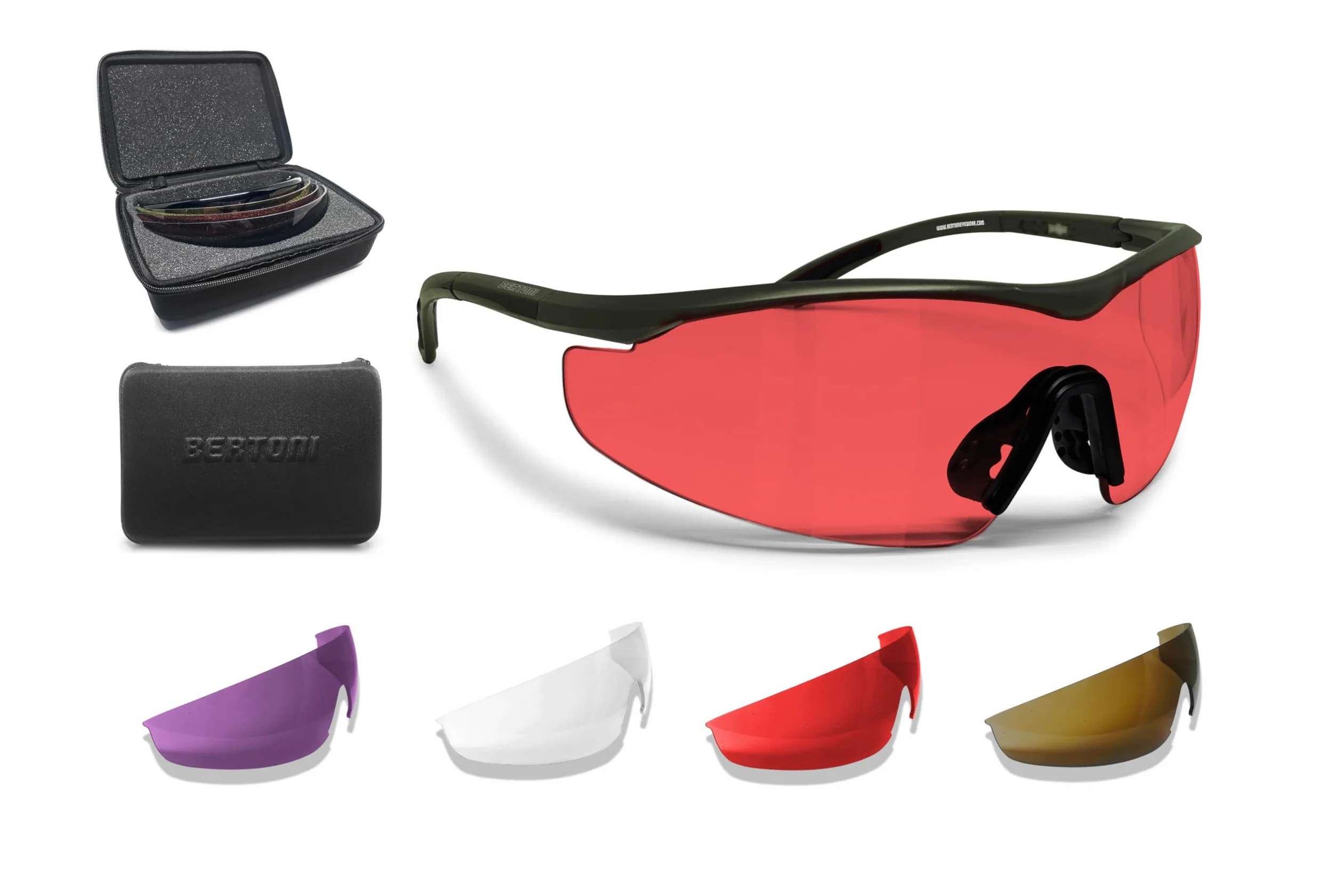Bertoni Occhiali da Tiro Sportivo Poligono con 4 Lenti Intercambiabili e Clip Accessorio per Lenti da Vista Graduate – SH898 SOS by Italy Occhiali Tattici Uomo e Donna per Shooting