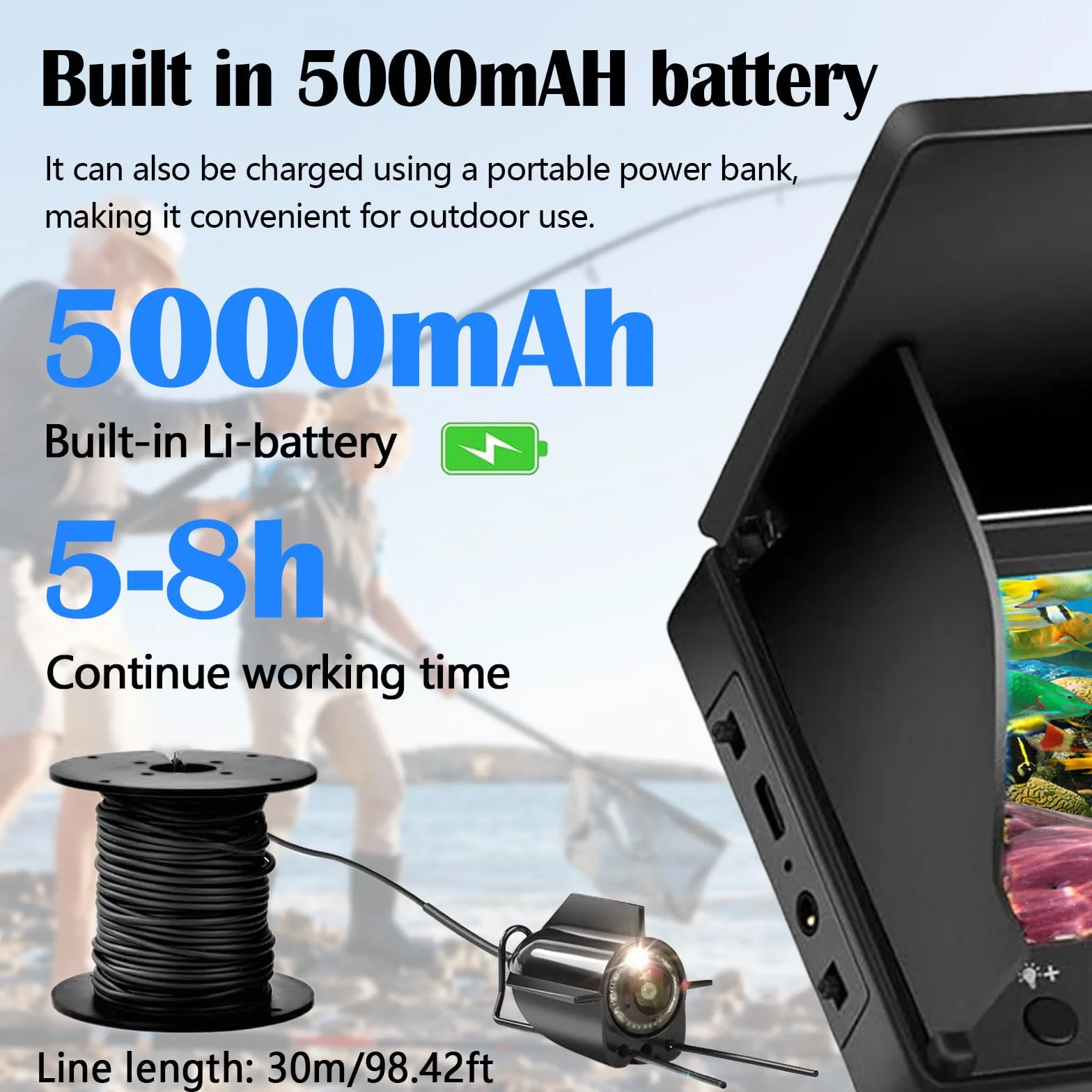 Telecamera Subacquea Pesca, Ecoscandaglio da Pesca Impermeabile IP65 Fish Finder con 5" IPS Display 8000mAh Batteria 30m Cavo 220° Visione Notturna Grandangolare per Pesca in Mare Pesca su Ghiaccio