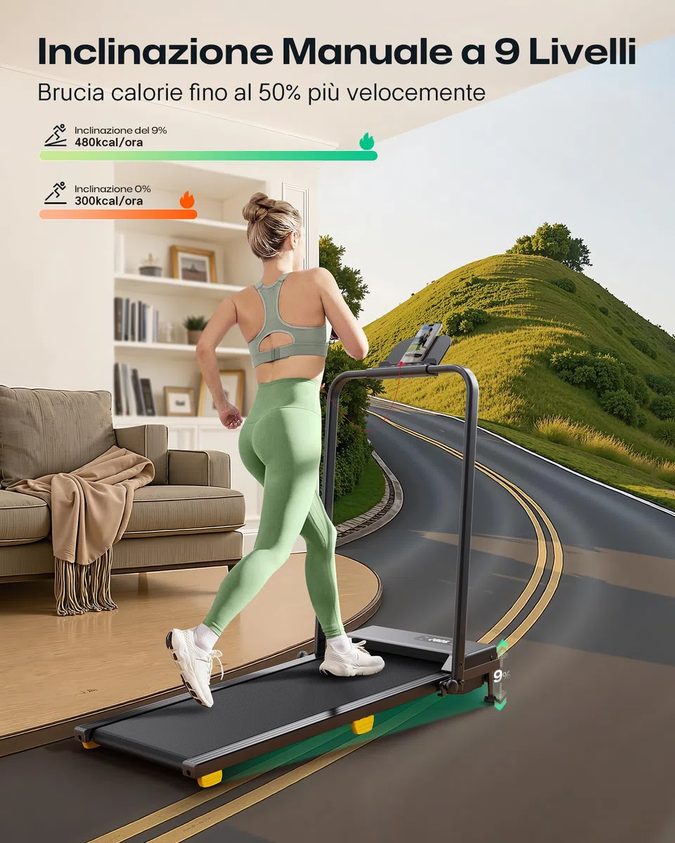 UREVO Tapis Roulant Elettrico con Inclinazione 9%, 1-10 km/h Tapirulan Pieghevole da Casa, Motore 2.5 HP, Modalità HIIT One-Touch, Tapis Roulant Salvaspazio per Casa e Ufficio