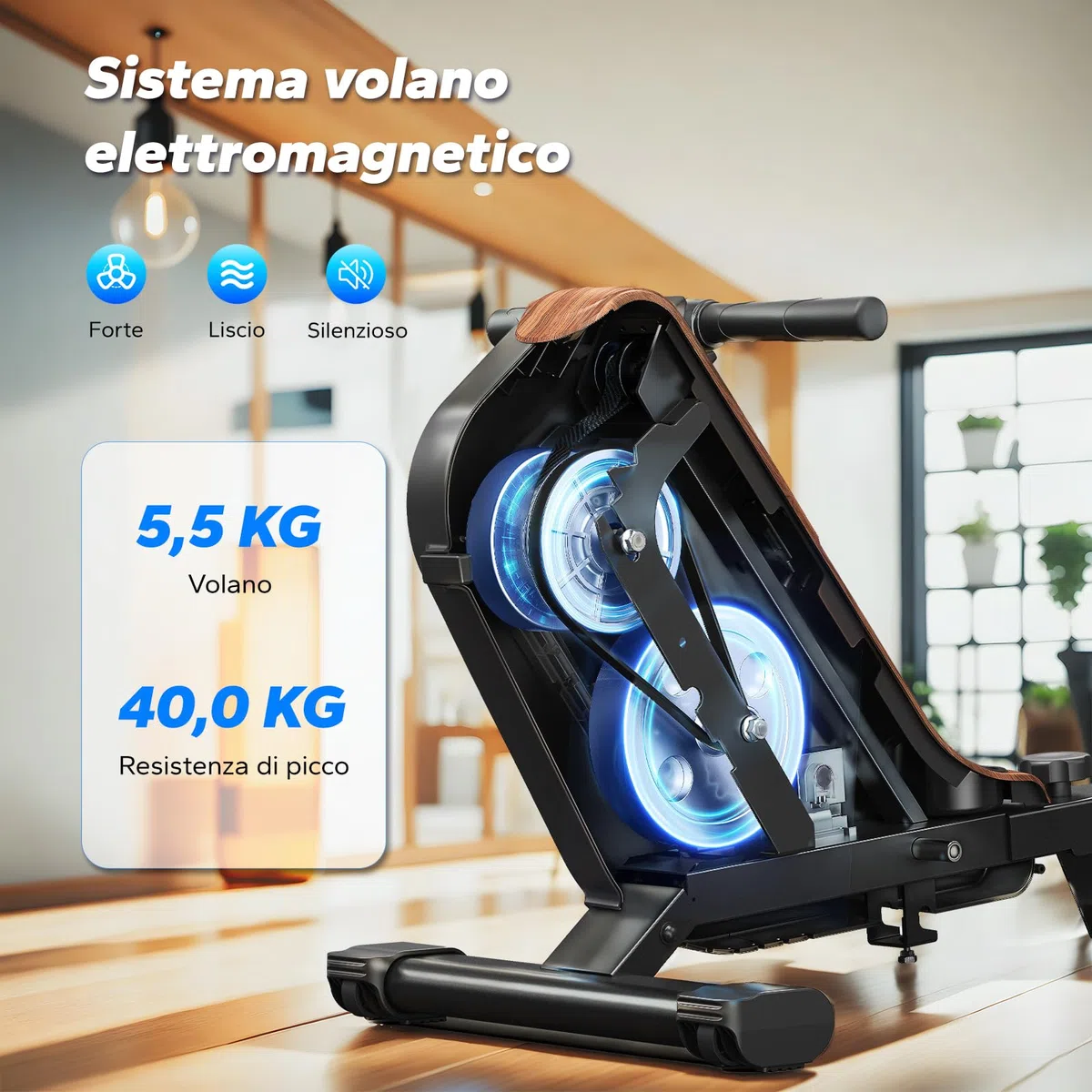 MERACH Vogatore pieghevole per casa con luce LED, regolazione intelligente resistenza 16 livelli, potente elettromagnete, guide 130 cm