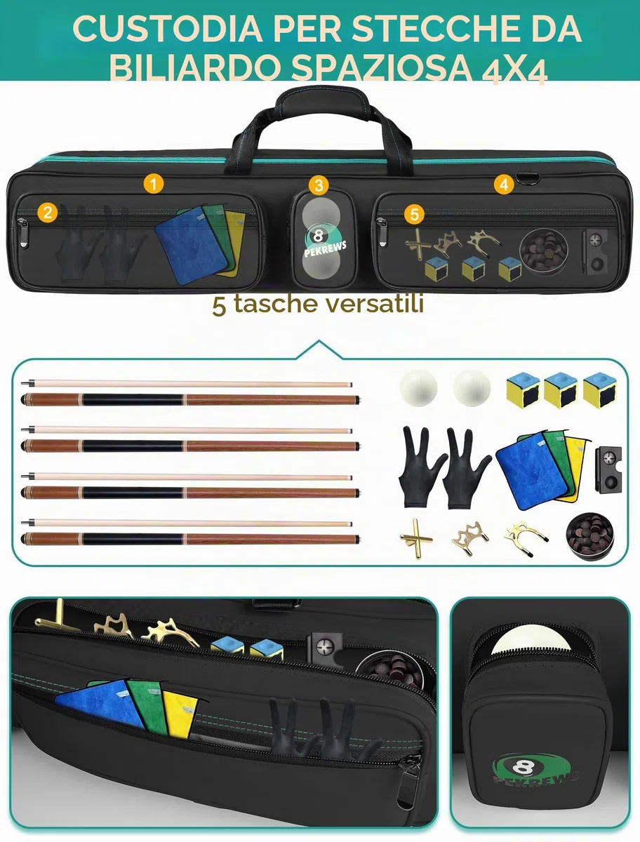 PEKREWS Custodia per stecche da biliardo 4 x 4 con cinghie per zaino, custodia morbida per stecche da biliardo con tracolla, custodia per bastone da biliardo può contenere 4 mozziconi e 4 alberi e