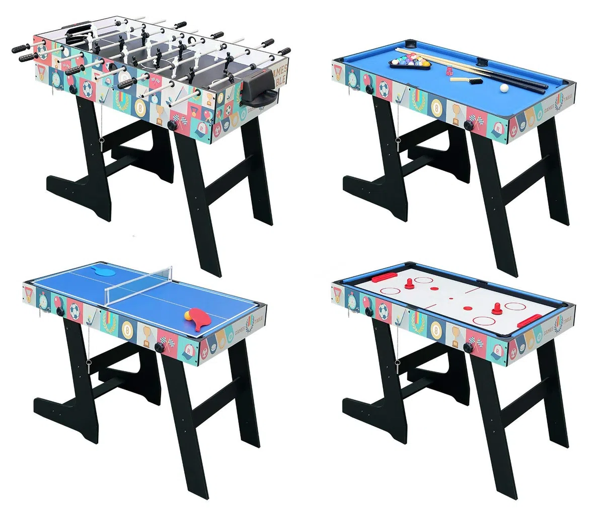 Tavolo da gioco 121.5 x 61 x 81,3 cm pieghevole 4 in 1 – -Calcio Balilla /tavolo da ping-pong/Air Hockey/tavolo da biliardo