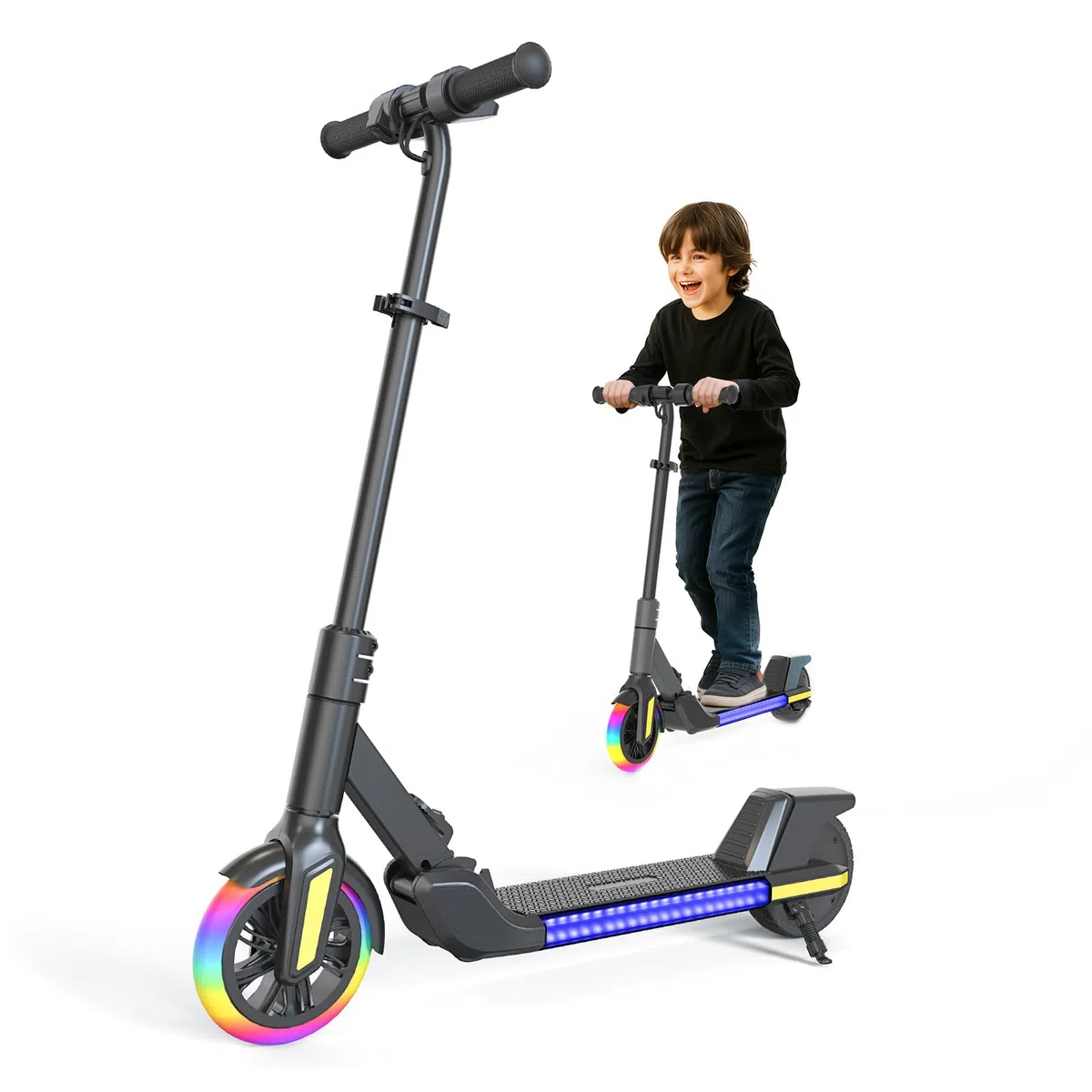 Monopattini elettrici pieghevole per bambini (6-14 anni) - Velocità massima 16 km/h, portata 8 km, ruota anteriore da 7 pollici con funzione autoilluminante, ruota posteriore da 6 pollici
