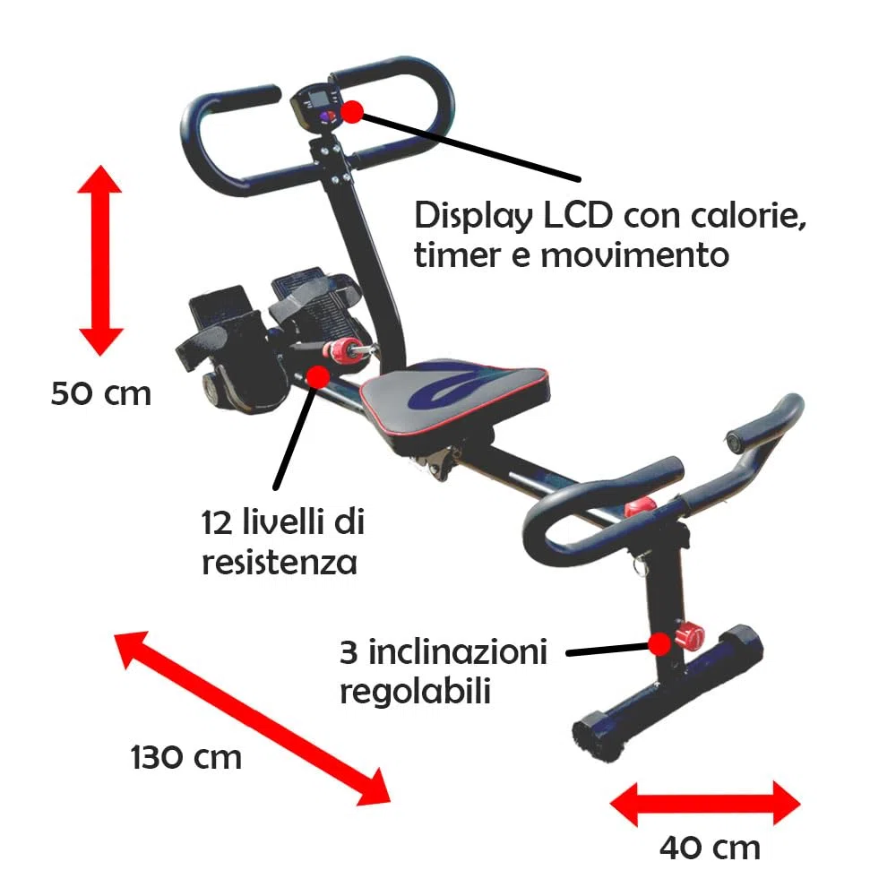GIORGIO MASTROTA Vogatore per casa Pieghevole Con Display e 12 Livelli di resistenza Salvaspazio e silenzioso Attrezzo Palestra Multifunzione Pettorali Glutei Addominali Gambe Braccia Aerobica
